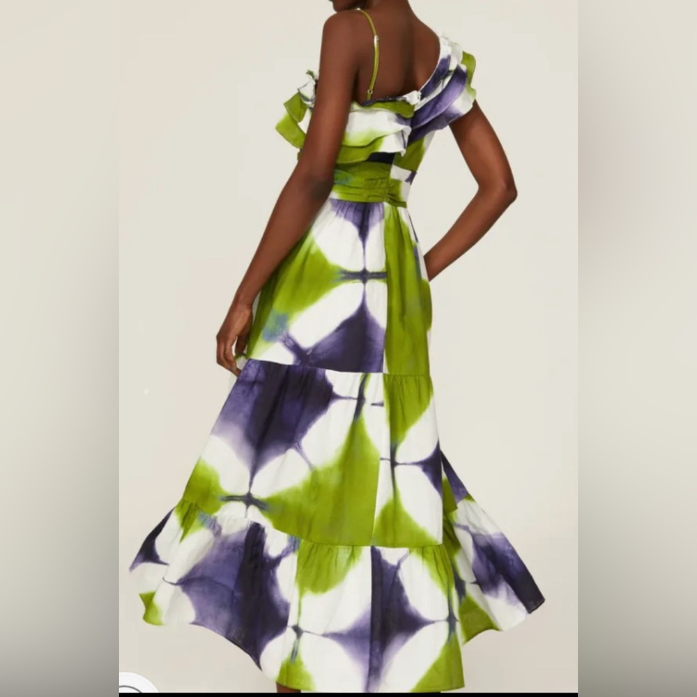 Busayo Collective Ruffle maxi dress patterned in Green and Blue tie-dye. Size 6 - Picture 3 of 10